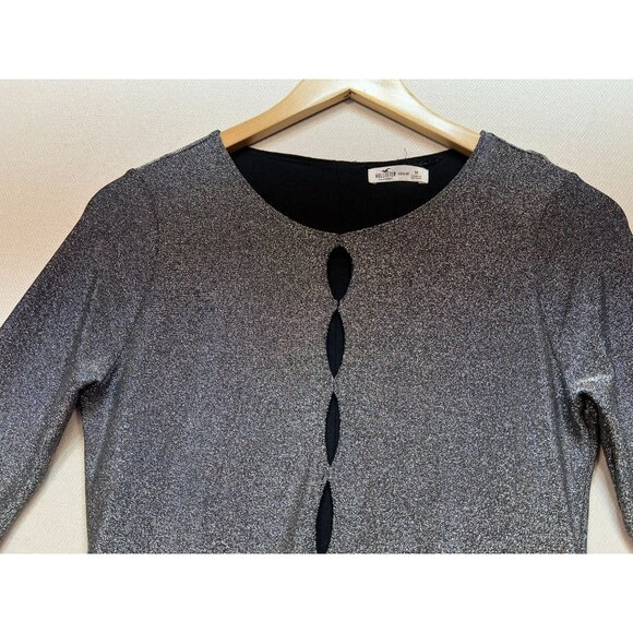 Hollister Women's Sparkle Mini Bodycon Dress Key Hole Size M Silver Long Sleeve - Picture 5 of 10